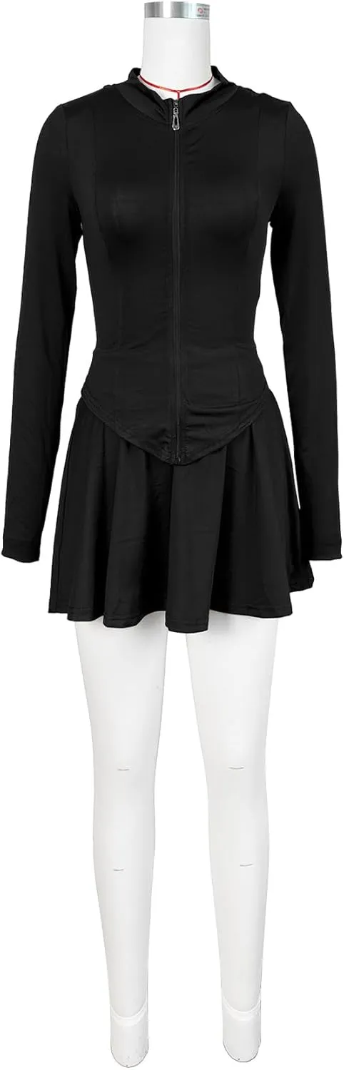 2 Piece Tennis Golf Skorts Skirt Sets for Women with Shorts Long Sleeve Zipper Crop Top Mini Dress