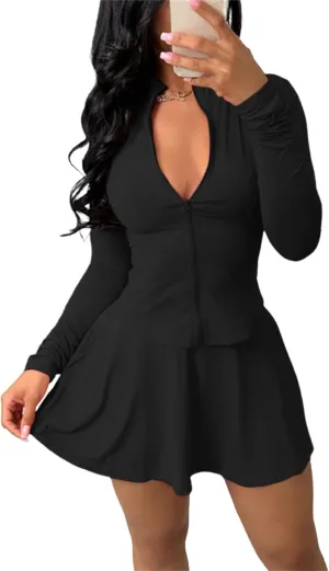 2 Piece Tennis Golf Skorts Skirt Sets for Women with Shorts Long Sleeve Zipper Crop Top Mini Dress