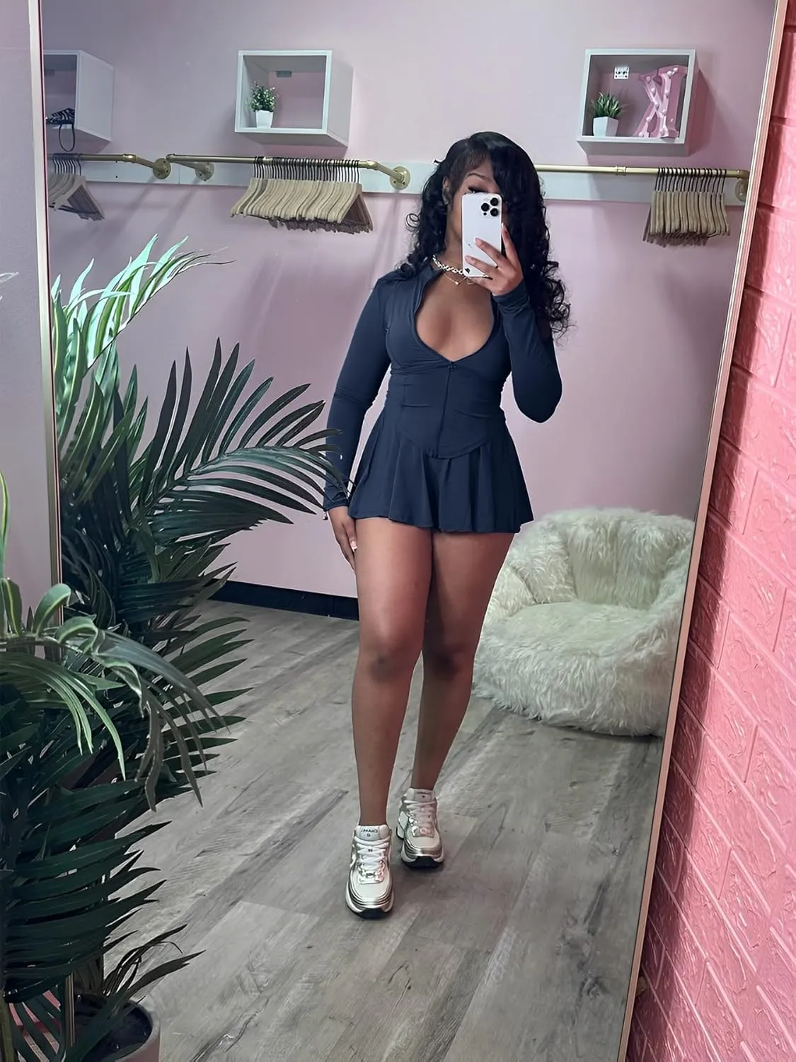 2 Piece Tennis Golf Skorts Skirt Sets for Women with Shorts Long Sleeve Zipper Crop Top Mini Dress