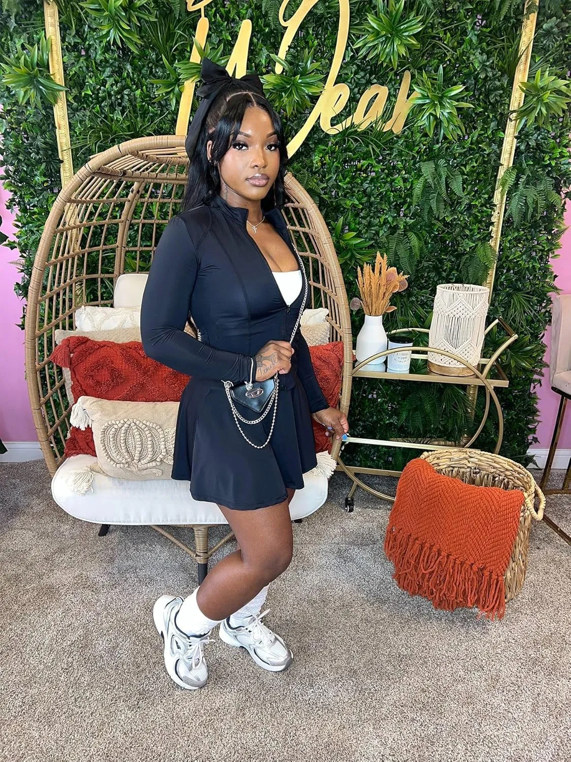 2 Piece Tennis Golf Skorts Skirt Sets for Women with Shorts Long Sleeve Zipper Crop Top Mini Dress