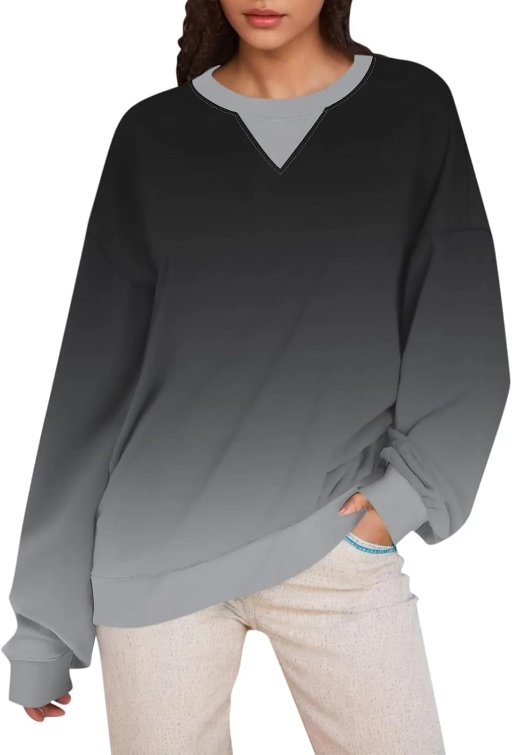 2024 Womens Oversized Graphic Crewneck Sweatshirt Long Sleeve Color Block Pullover Tops Casual Loose Shirt Fashion