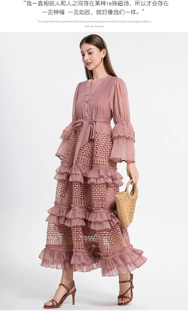 2025 French Retro lace Cake Dress with Hollow Flared Sleeves, Waist-Defining Long Skirt for Women Dress