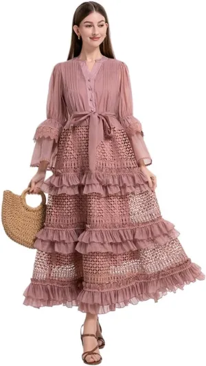 2025 French Retro lace Cake Dress with Hollow Flared Sleeves, Waist-Defining Long Skirt for Women Dress