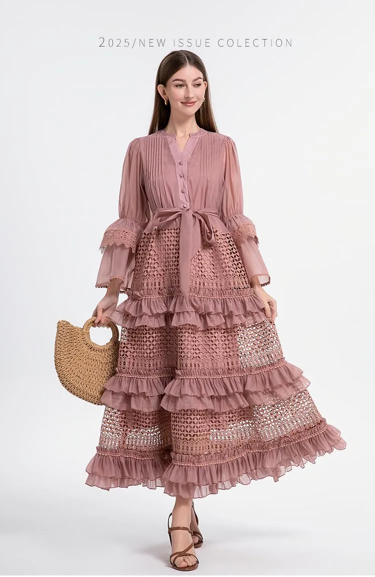 2025 French Retro lace Cake Dress with Hollow Flared Sleeves, Waist-Defining Long Skirt for Women Dress