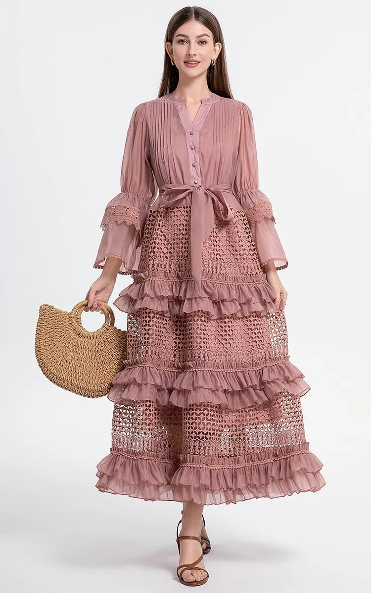 2025 French Retro lace Cake Dress with Hollow Flared Sleeves, Waist-Defining Long Skirt for Women Dress