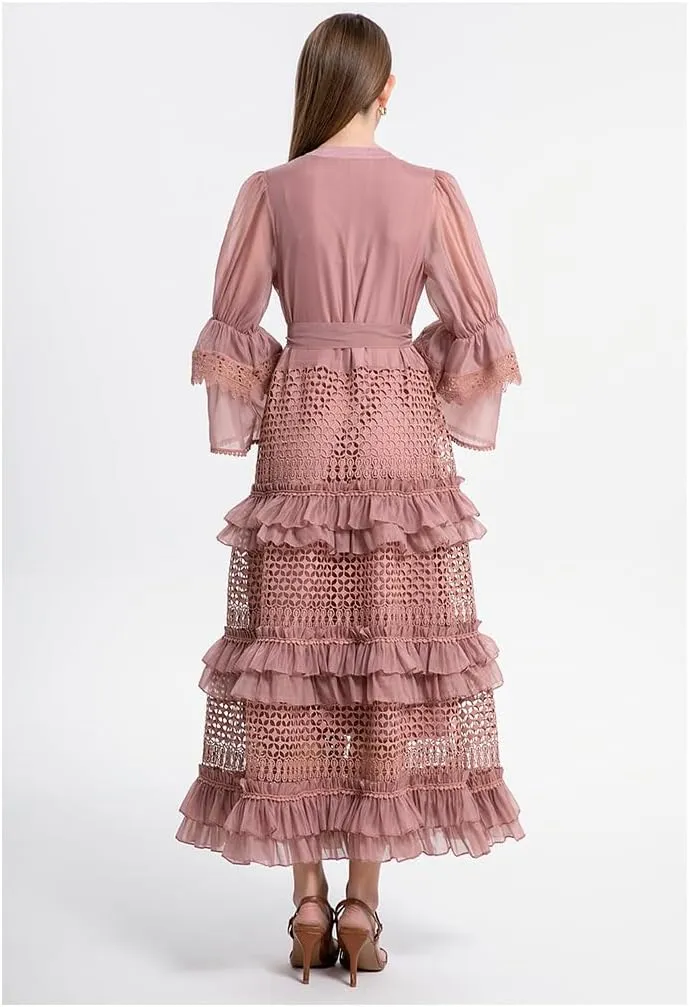 2025 French Retro lace Cake Dress with Hollow Flared Sleeves, Waist-Defining Long Skirt for Women Dress