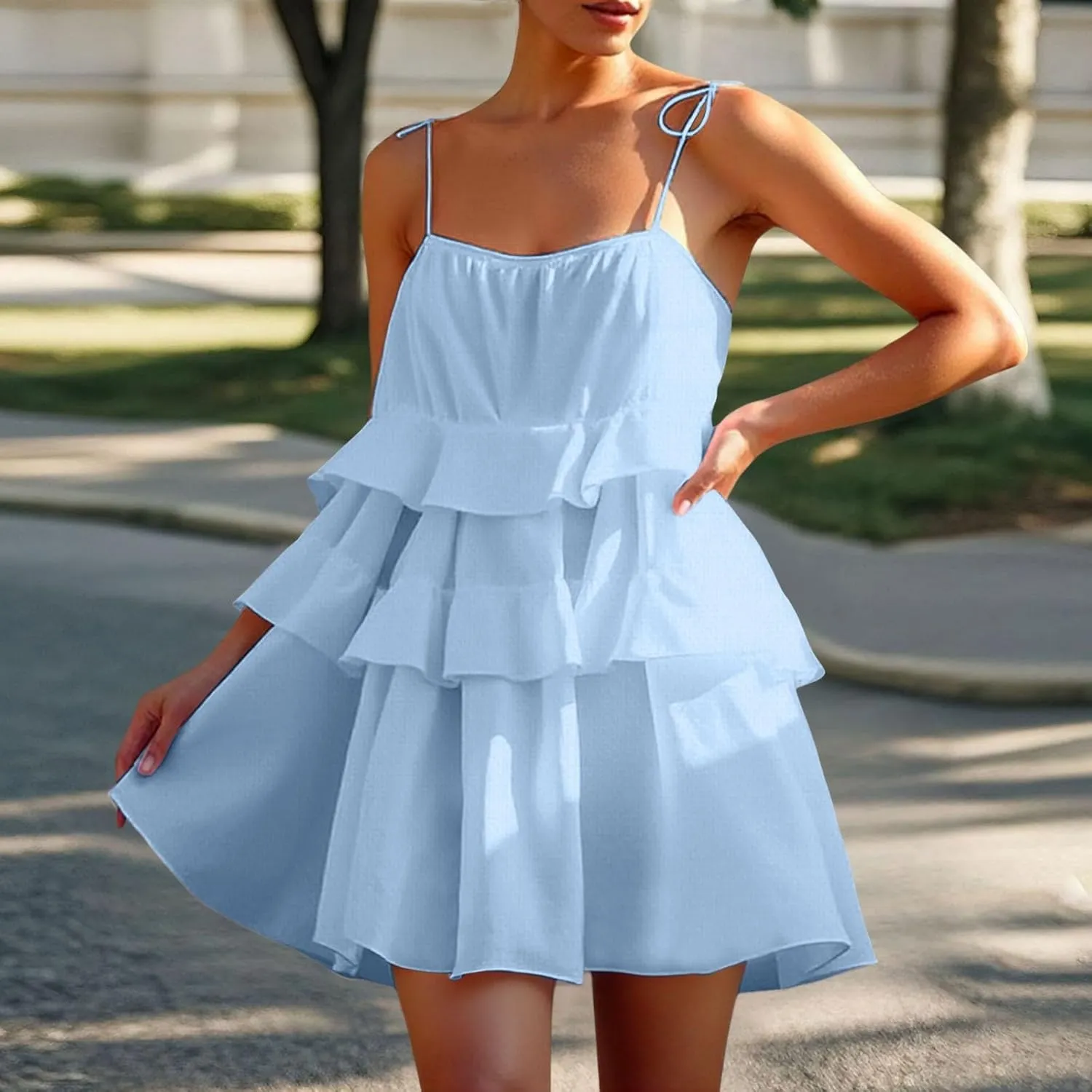 2025 Women's Summer Solid Color Layer Ruffled Cake Skirt Short Backless Camisole Dress Casual Wraps for Women