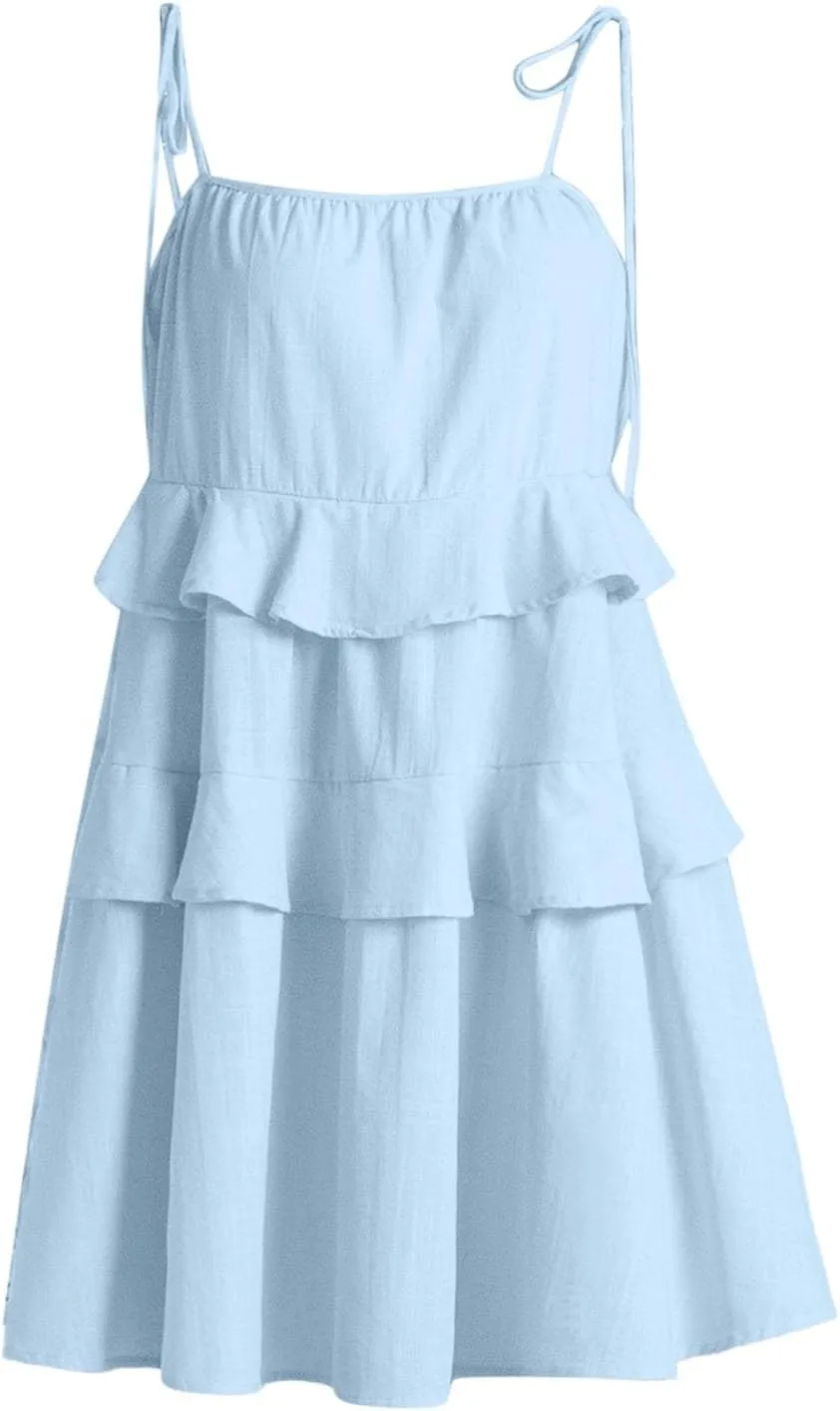 2025 Women's Summer Solid Color Layer Ruffled Cake Skirt Short Backless Camisole Dress Casual Wraps for Women