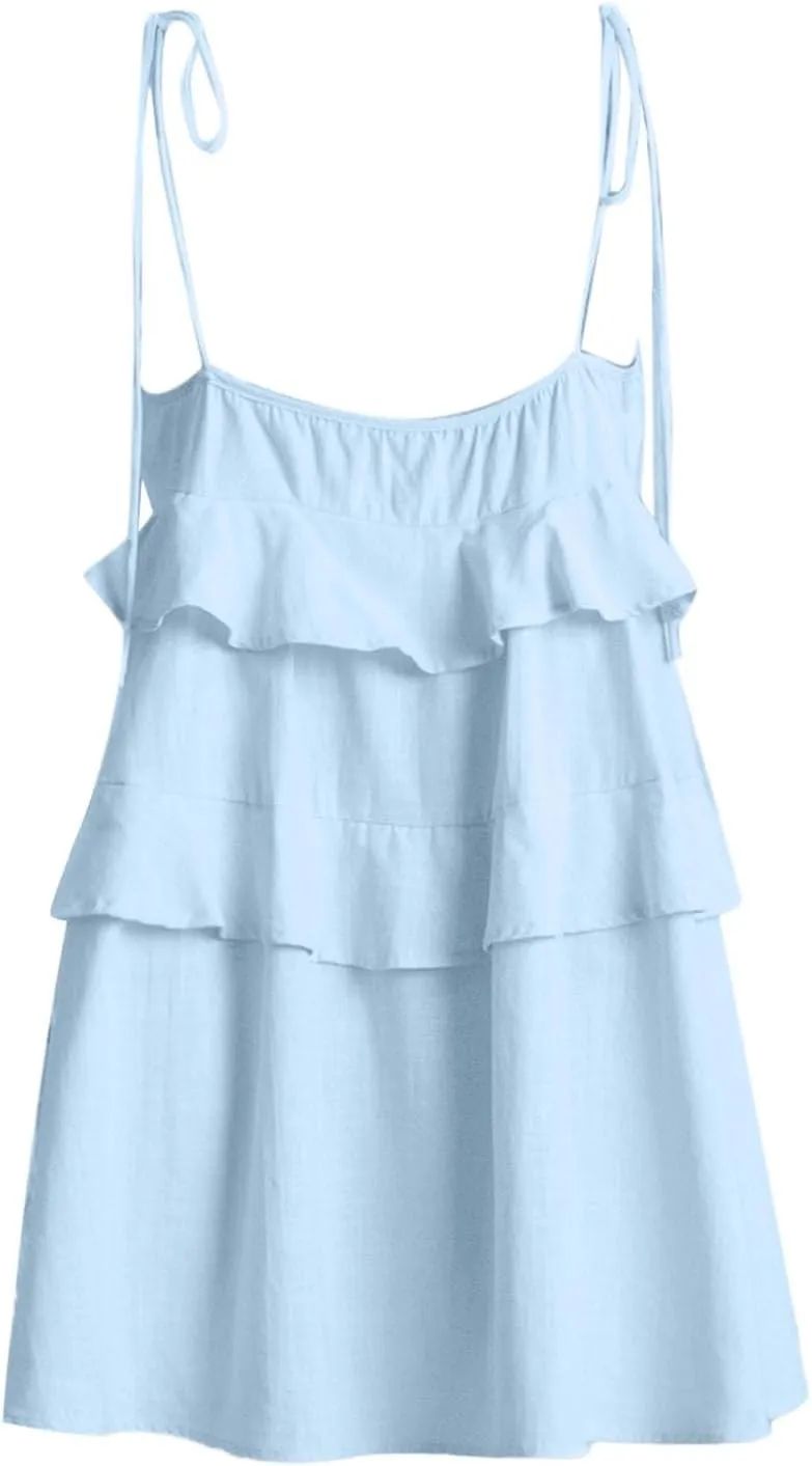 2025 Women's Summer Solid Color Layer Ruffled Cake Skirt Short Backless Camisole Dress Casual Wraps for Women