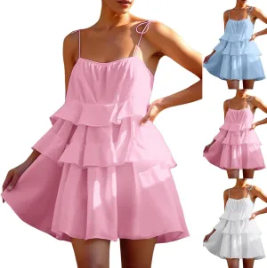2025 Women's Summer Solid Color Layer Ruffled Cake Skirt Short Backless Camisole Dress Casual Wraps for Women