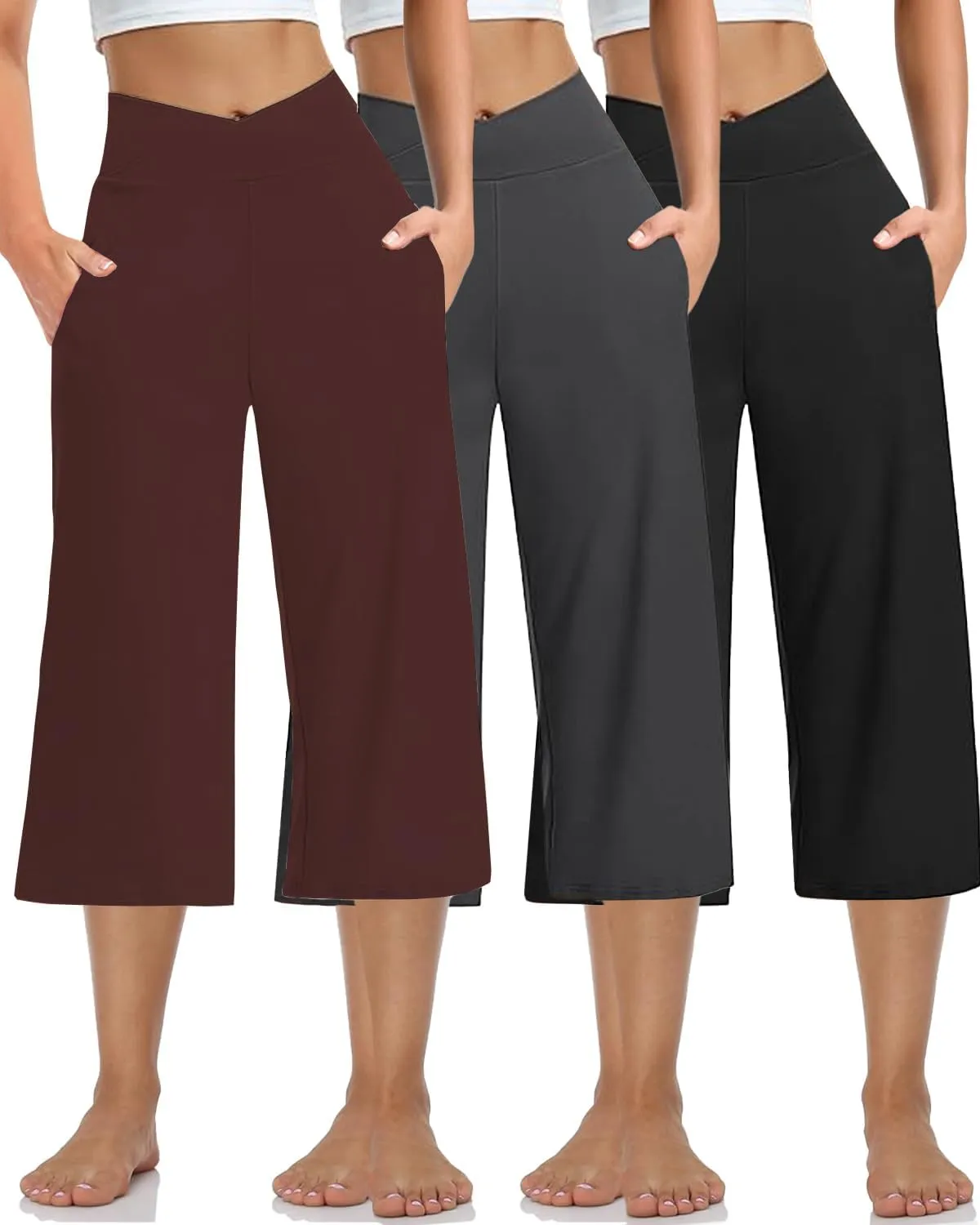 3 PACK Womens Wide Leg Yoga Capris Crossover High Waist Casual Capri Pants Loose Soft Pajama Pockets Sweatpants