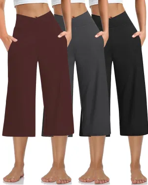 3 PACK Womens Wide Leg Yoga Capris Crossover High Waist Casual Capri Pants Loose Soft Pajama Pockets Sweatpants