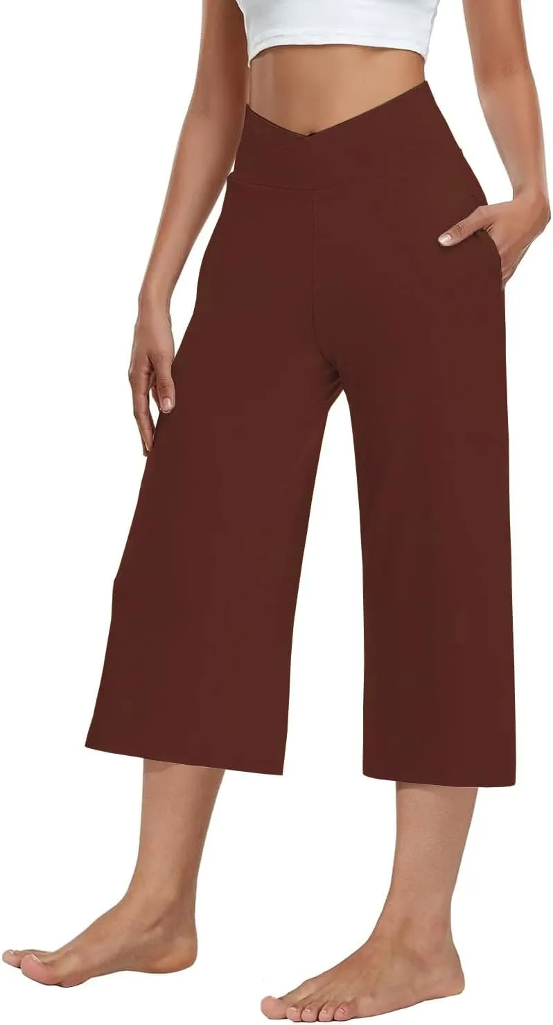 3 PACK Womens Wide Leg Yoga Capris Crossover High Waist Casual Capri Pants Loose Soft Pajama Pockets Sweatpants