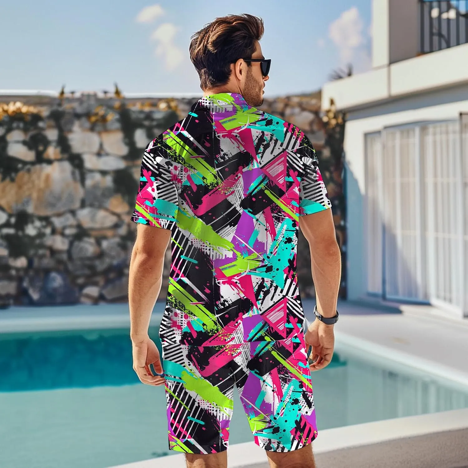 80s 90s Men's Hawaiian Outfits 2 Piece Shirt and Shorts Sets Button Down Beach Suits Disco Party