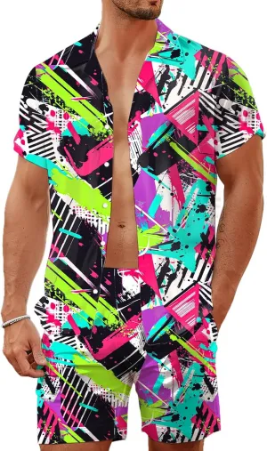 80s 90s Men's Hawaiian Outfits 2 Piece Shirt and Shorts Sets Button Down Beach Suits Disco Party