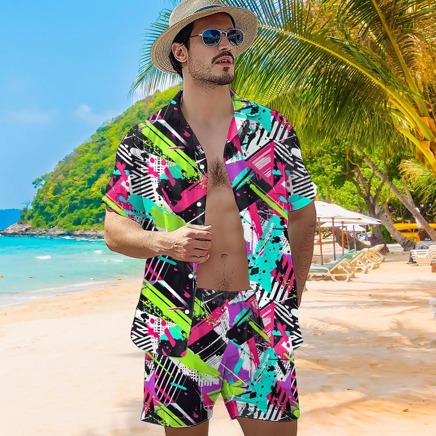 80s 90s Men's Hawaiian Outfits 2 Piece Shirt and Shorts Sets Button Down Beach Suits Disco Party