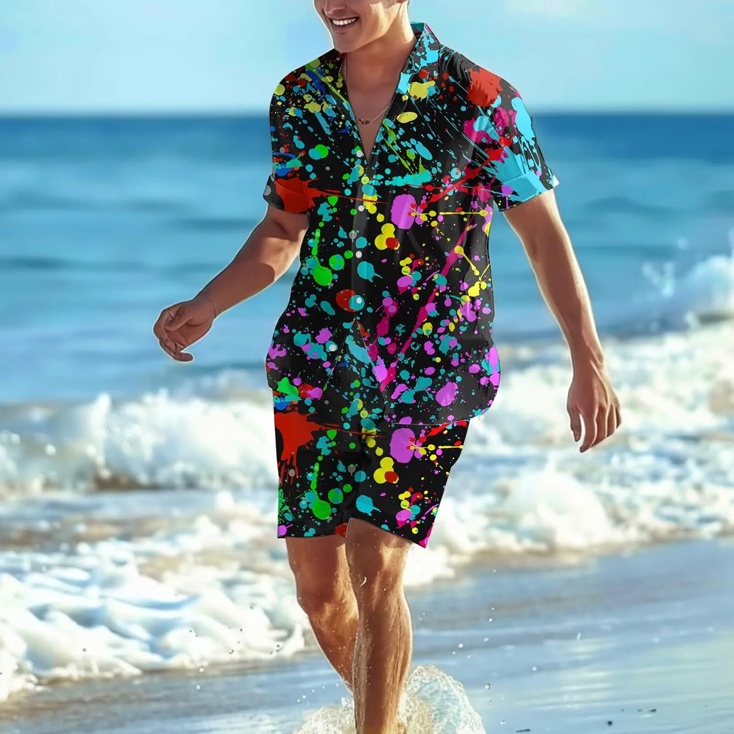 80s 90s Men's Hawaiian Outfits 2 Piece Shirt and Shorts Sets Button Down Beach Suits Disco Party