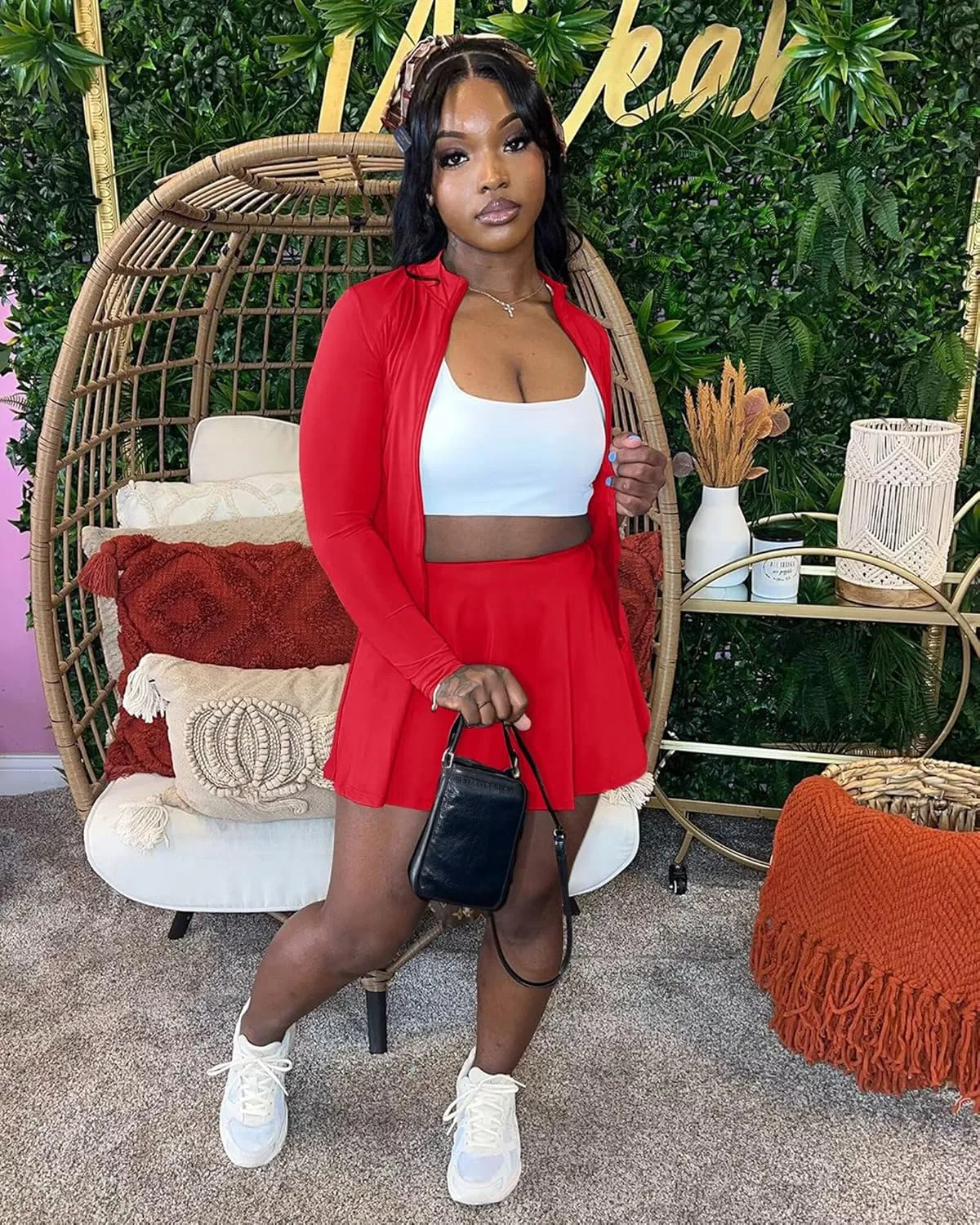 Adogirl Two Piece Tennis Skirt Sets for Women with Shorts Long Sleeve 2 Piece Outfits Zipper Jacket Pleated Mini Dress