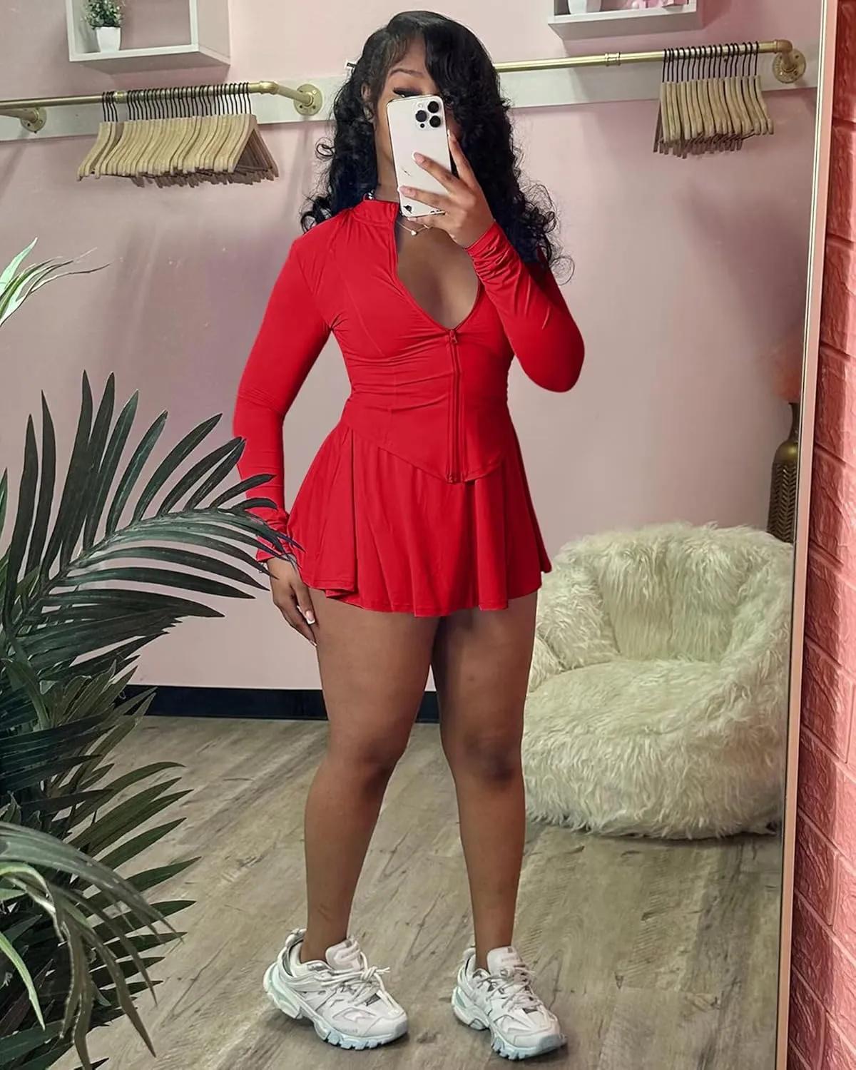 Adogirl Two Piece Tennis Skirt Sets for Women with Shorts Long Sleeve 2 Piece Outfits Zipper Jacket Pleated Mini Dress