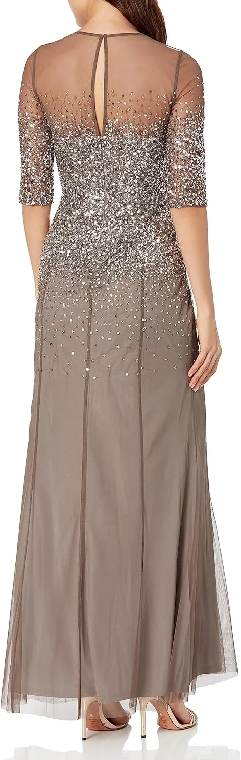 Adrianna Papell Women's 3/4 Sleeve Beaded Illusion Gown with Sweetheart Neckline