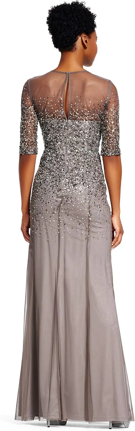 Adrianna Papell Women's 3/4 Sleeve Beaded Illusion Gown with Sweetheart Neckline
