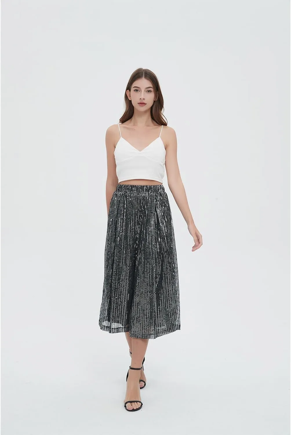 Aelidiya Women's Glitter Sequin Wide Leg Loose Pants Capri Pants Sequin Dress Pants Culotte