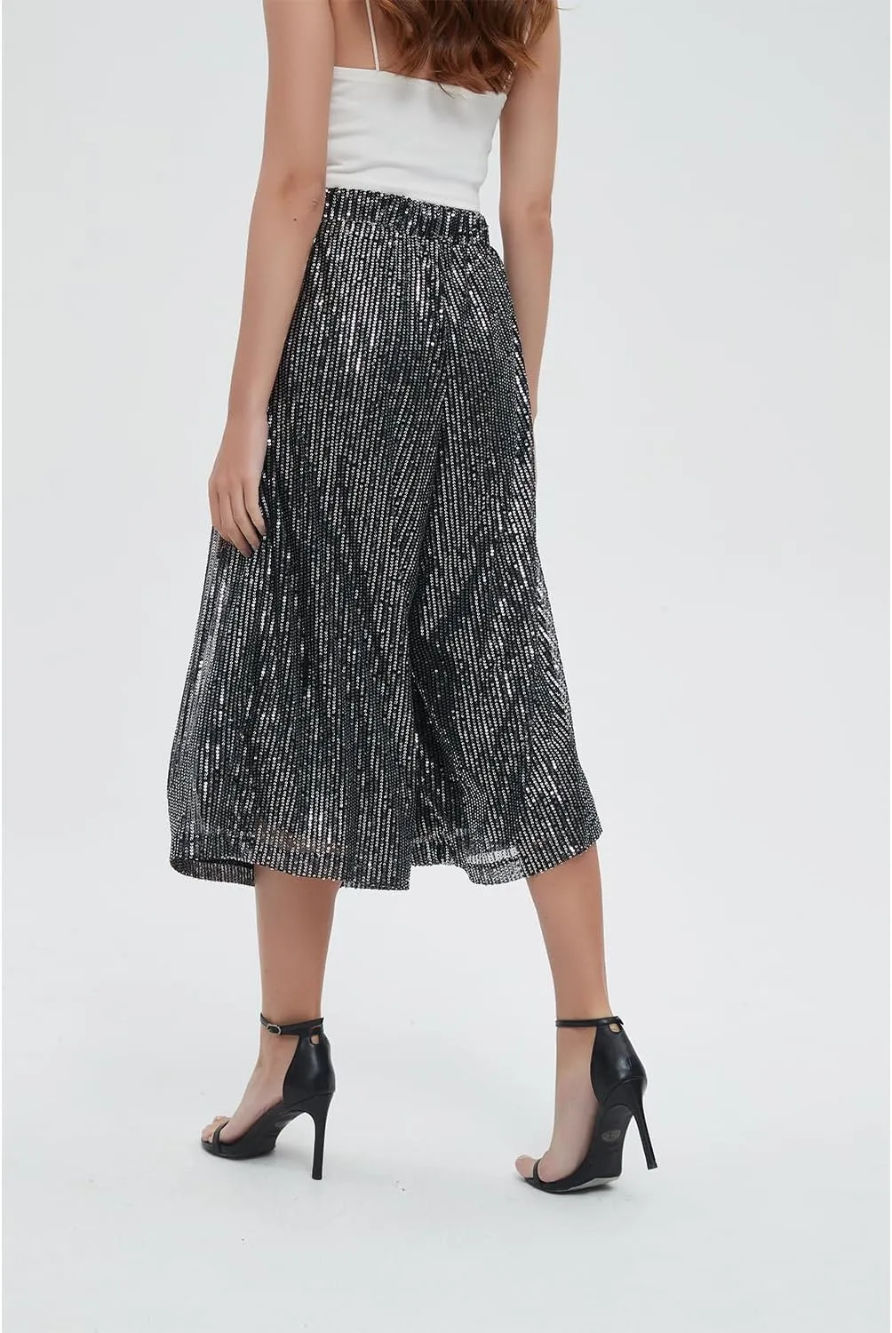 Aelidiya Women's Glitter Sequin Wide Leg Loose Pants Capri Pants Sequin Dress Pants Culotte