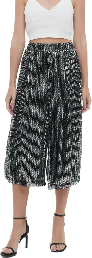 Aelidiya Women's Glitter Sequin Wide Leg Loose Pants Capri Pants Sequin Dress Pants Culotte