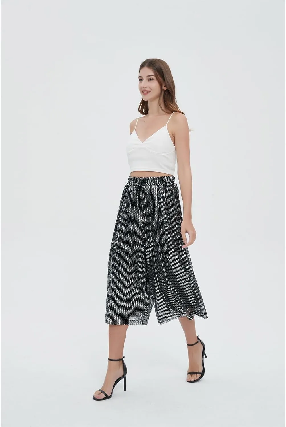 Aelidiya Women's Glitter Sequin Wide Leg Loose Pants Capri Pants Sequin Dress Pants Culotte