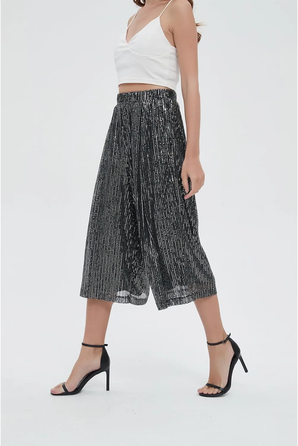 Aelidiya Women's Glitter Sequin Wide Leg Loose Pants Capri Pants Sequin Dress Pants Culotte