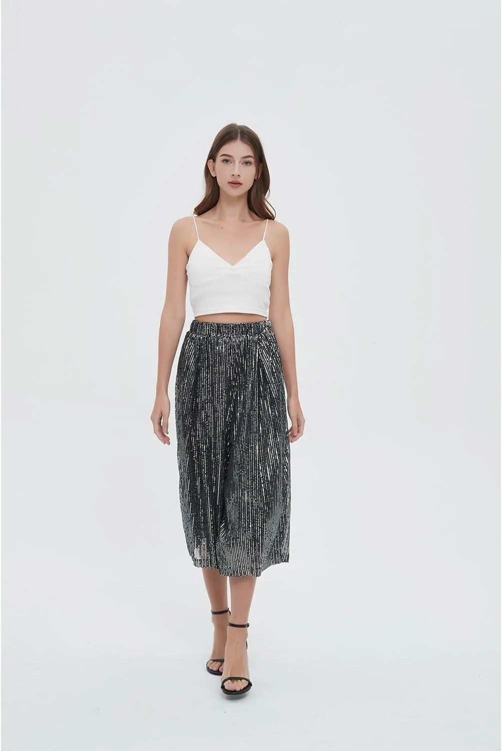 Aelidiya Women's Glitter Sequin Wide Leg Loose Pants Capri Pants Sequin Dress Pants Culotte