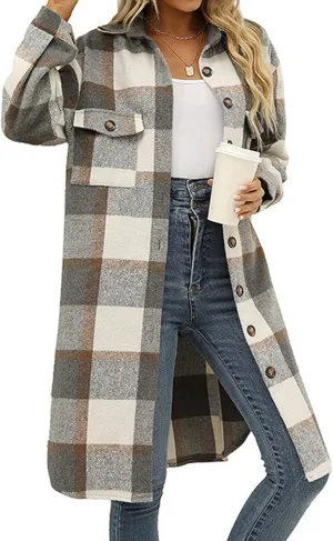 Ainangua Women's Casual Wool Blend Long Plaid Shirt Jacket Button Down Pocketed Shirt Shacket