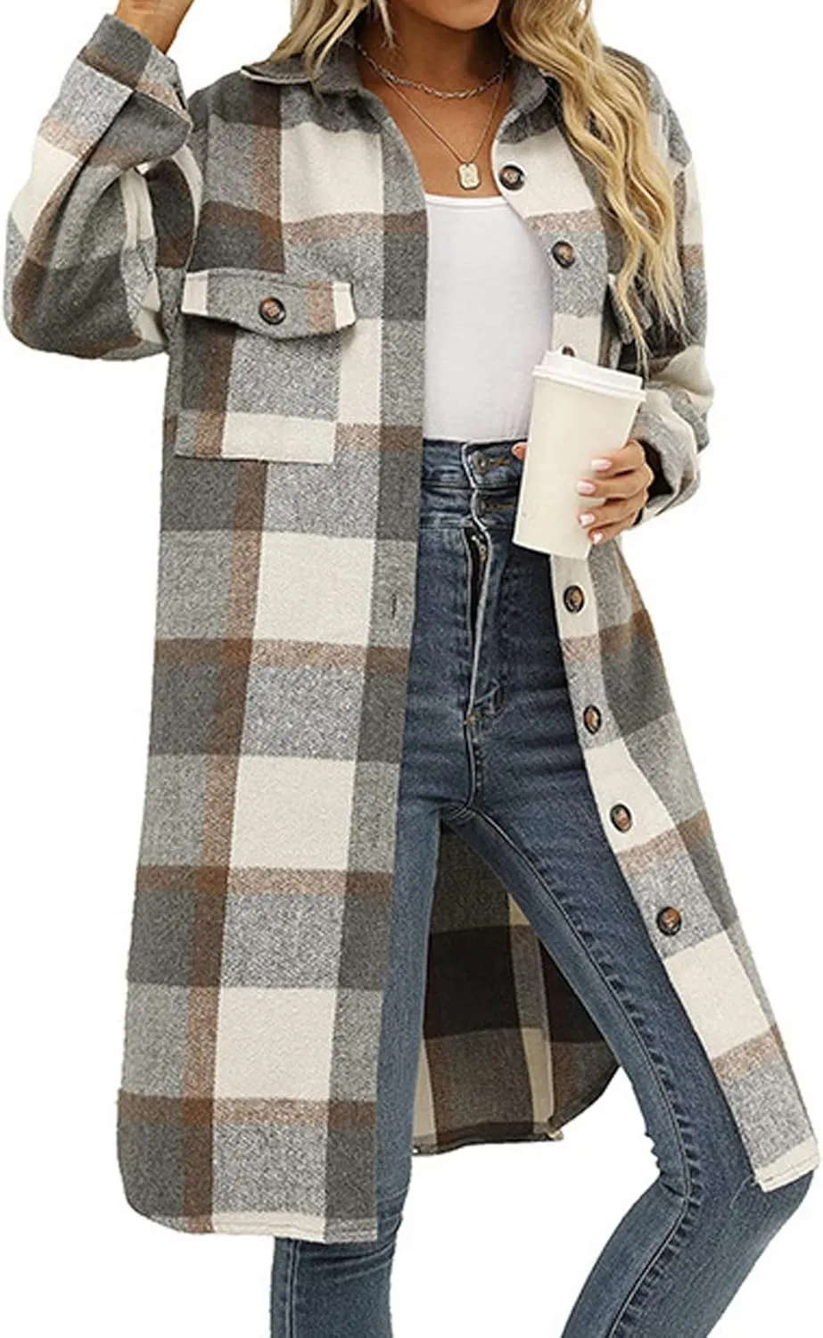 Ainangua Women's Casual Wool Blend Long Plaid Shirt Jacket Button Down Pocketed Shirt Shacket