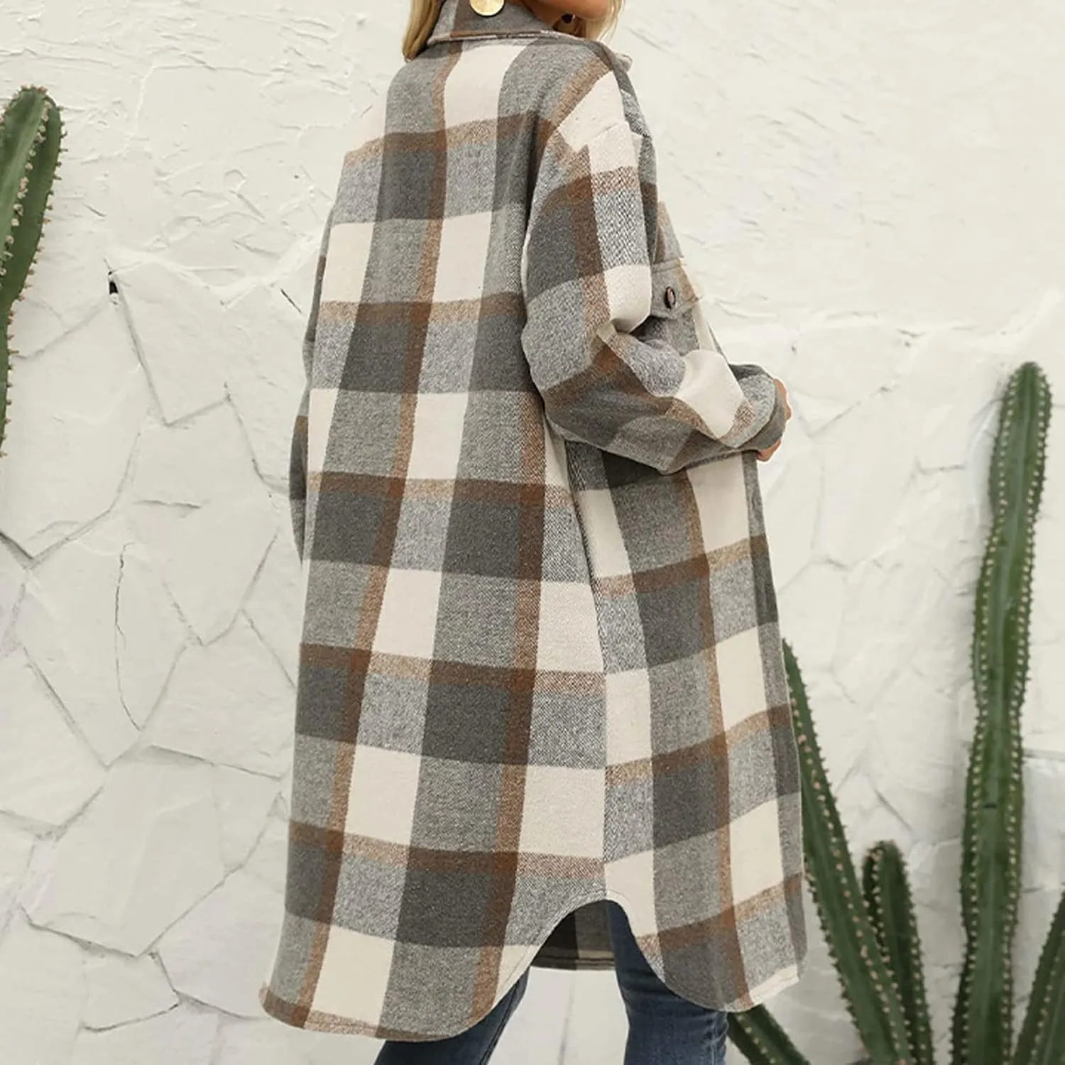Ainangua Women's Casual Wool Blend Long Plaid Shirt Jacket Button Down Pocketed Shirt Shacket