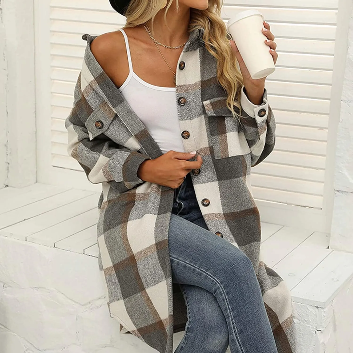 Ainangua Women's Casual Wool Blend Long Plaid Shirt Jacket Button Down Pocketed Shirt Shacket