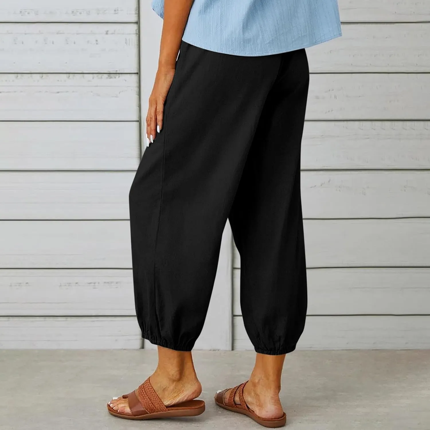 Akklian Linen Pants Women Beach Drawstring Capri Pants Summer Casual Pockets High Waisted Button Slit Baggy Trousers 2025