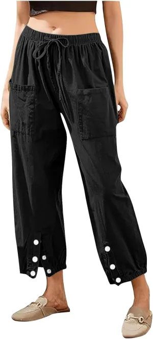 Akklian Linen Pants Women Beach Drawstring Capri Pants Summer Casual Pockets High Waisted Button Slit Baggy Trousers 2025