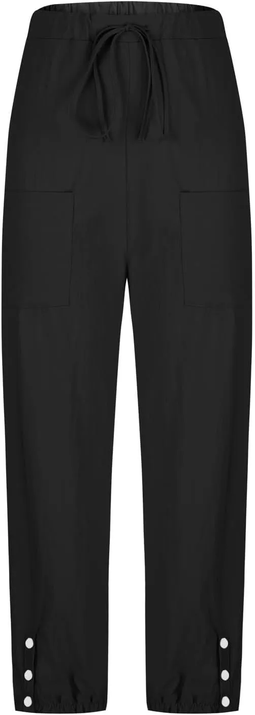 Akklian Linen Pants Women Beach Drawstring Capri Pants Summer Casual Pockets High Waisted Button Slit Baggy Trousers 2025