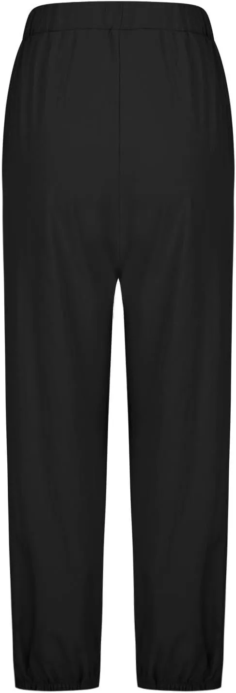 Akklian Linen Pants Women Beach Drawstring Capri Pants Summer Casual Pockets High Waisted Button Slit Baggy Trousers 2025