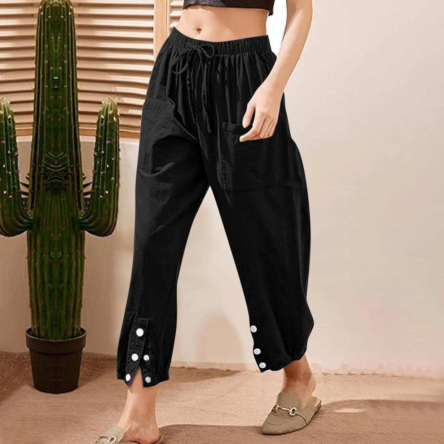 Akklian Linen Pants Women Beach Drawstring Capri Pants Summer Casual Pockets High Waisted Button Slit Baggy Trousers 2025
