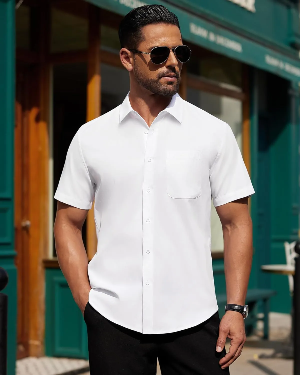 Alimens & Gentle Mens Short Sleeve Dress Shirt Wrinkle Free Solid Casual Button Down Shirts for Summer Business Wedding