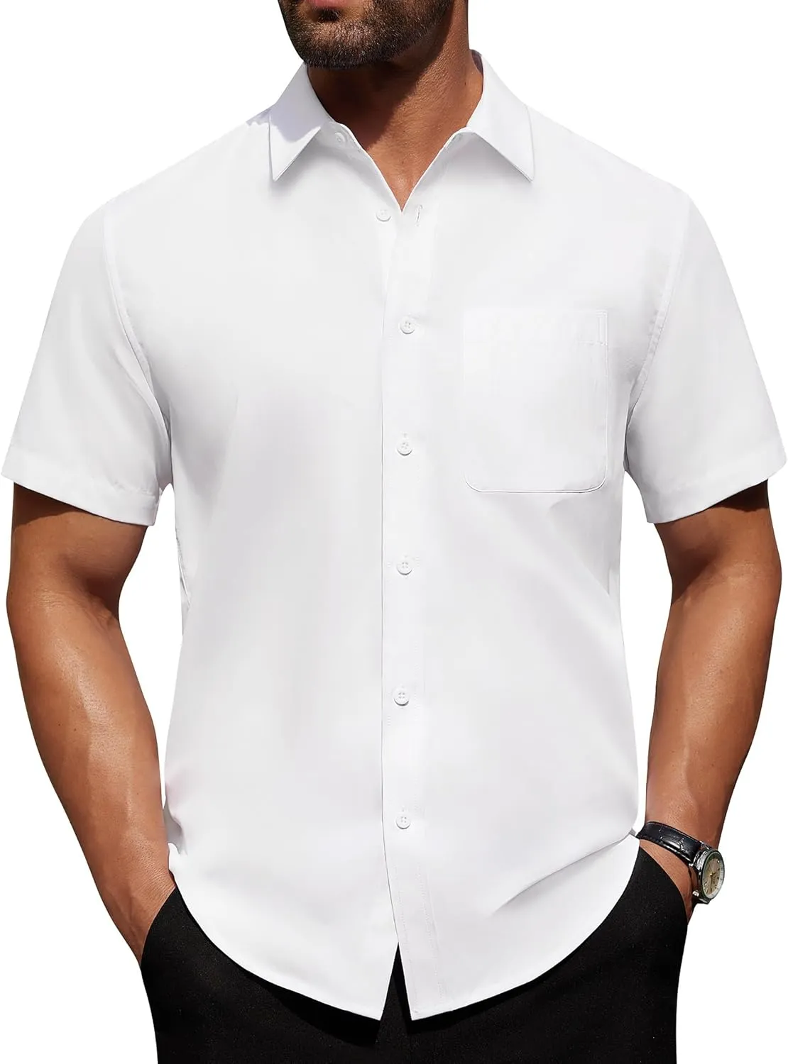 Alimens & Gentle Mens Short Sleeve Dress Shirt Wrinkle Free Solid Casual Button Down Shirts for Summer Business Wedding