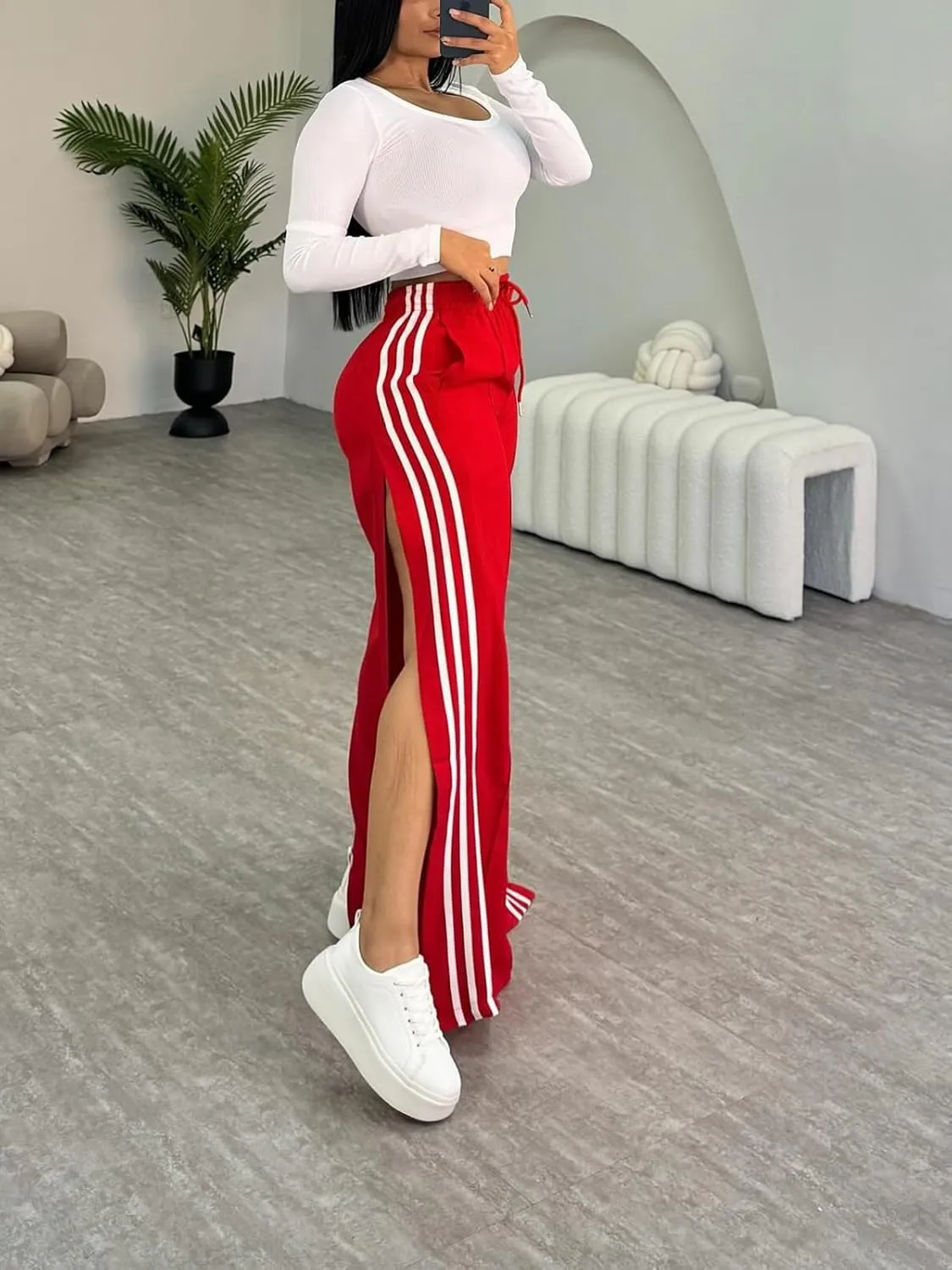 Alunzoem Womens Wide Leg Pants High Waist Striped Side Slit Stretch Casual Loose Drawstring Pant Trousers