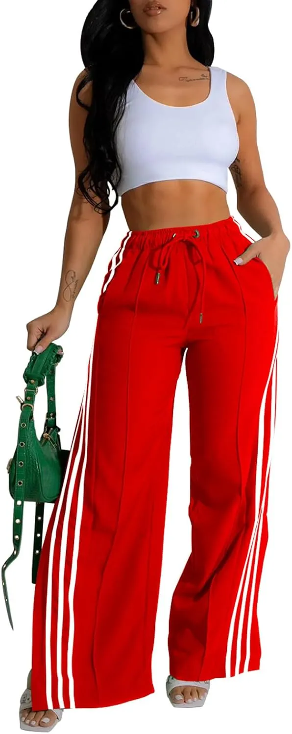 Alunzoem Womens Wide Leg Pants High Waist Striped Side Slit Stretch Casual Loose Drawstring Pant Trousers