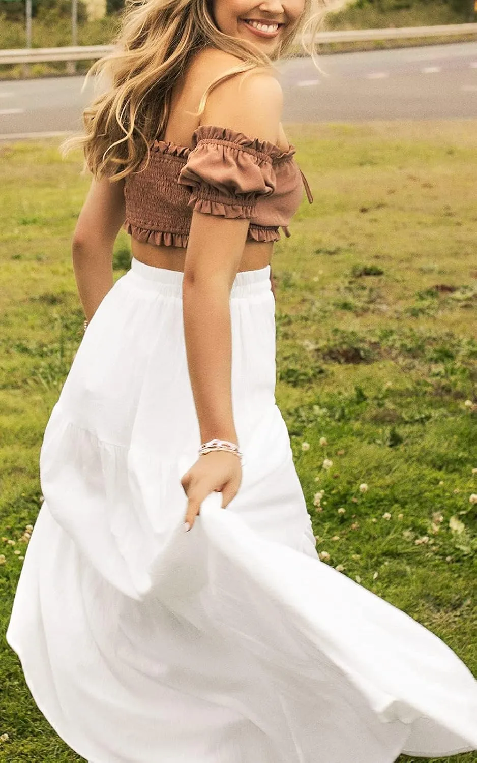 Annebouti Womens Spring Summer Boho Elastic Long Skirts High Waist Pleated A Line Tiered White or Black Maxi Skirt