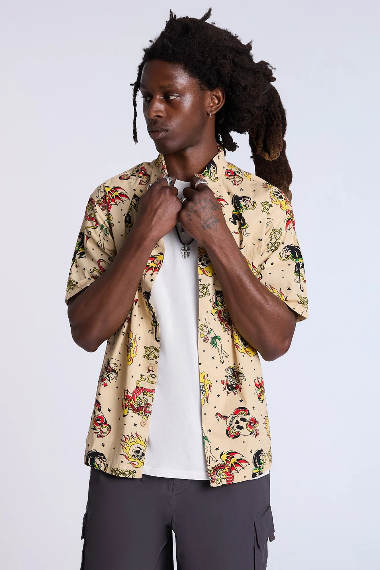 Arsenic Mens Allover Tattoo Print Button-Up