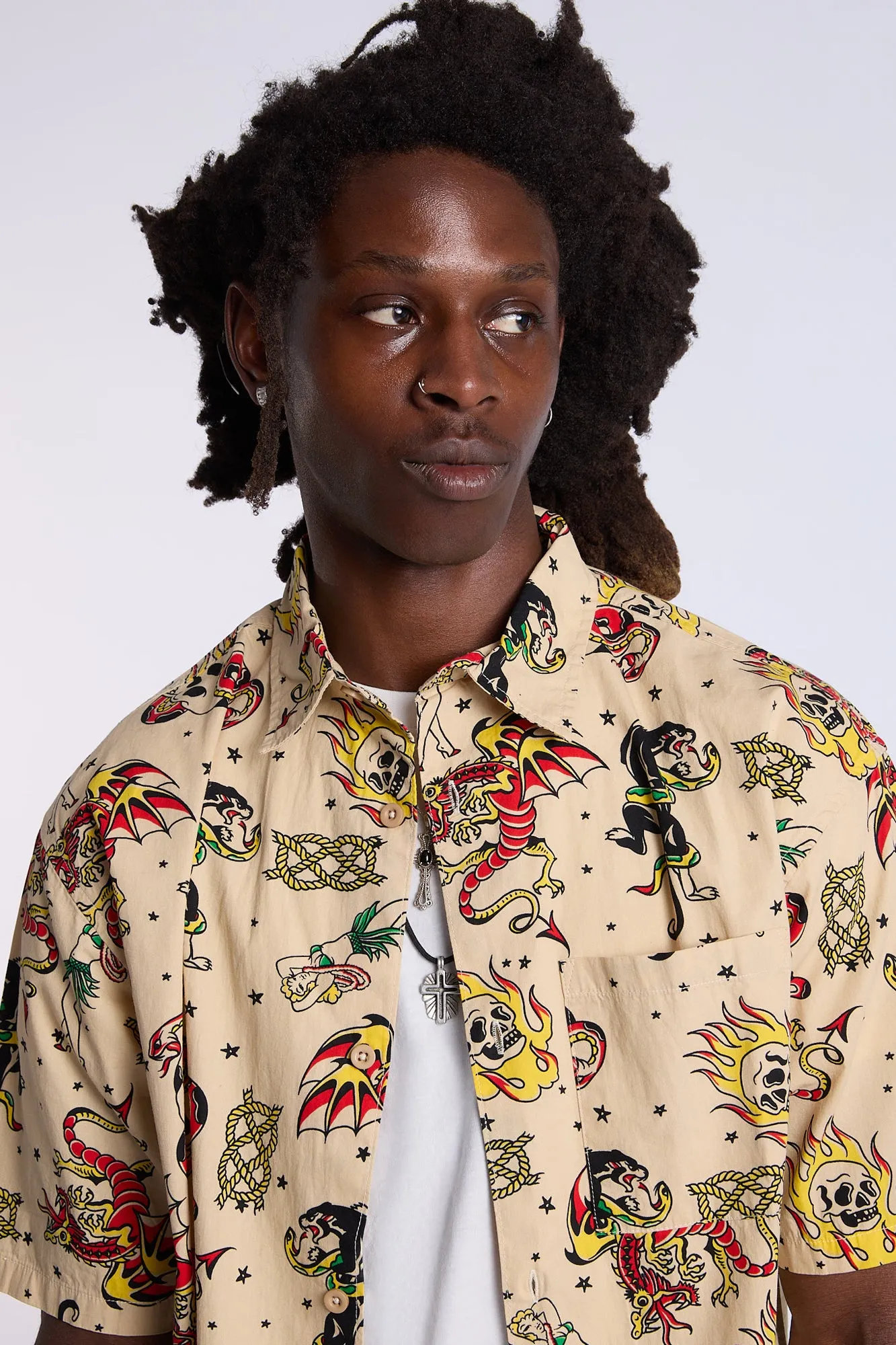 Arsenic Mens Allover Tattoo Print Button-Up