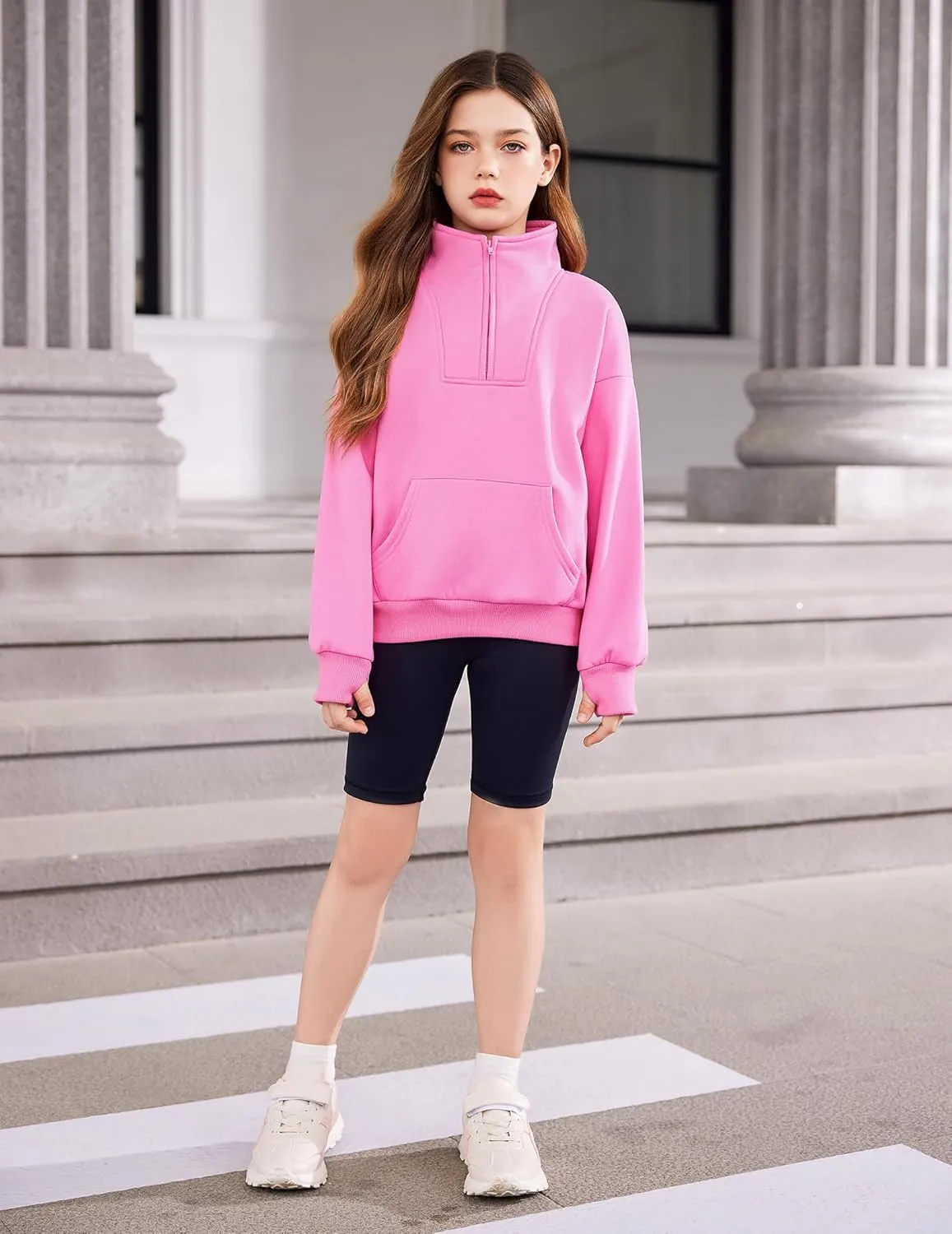 Arshiner Girls Half Zip Sweatshirt Fleece Quarter Zip Pullover Sweatshirts Fall Clothes for Teen Girls Thumb Hole