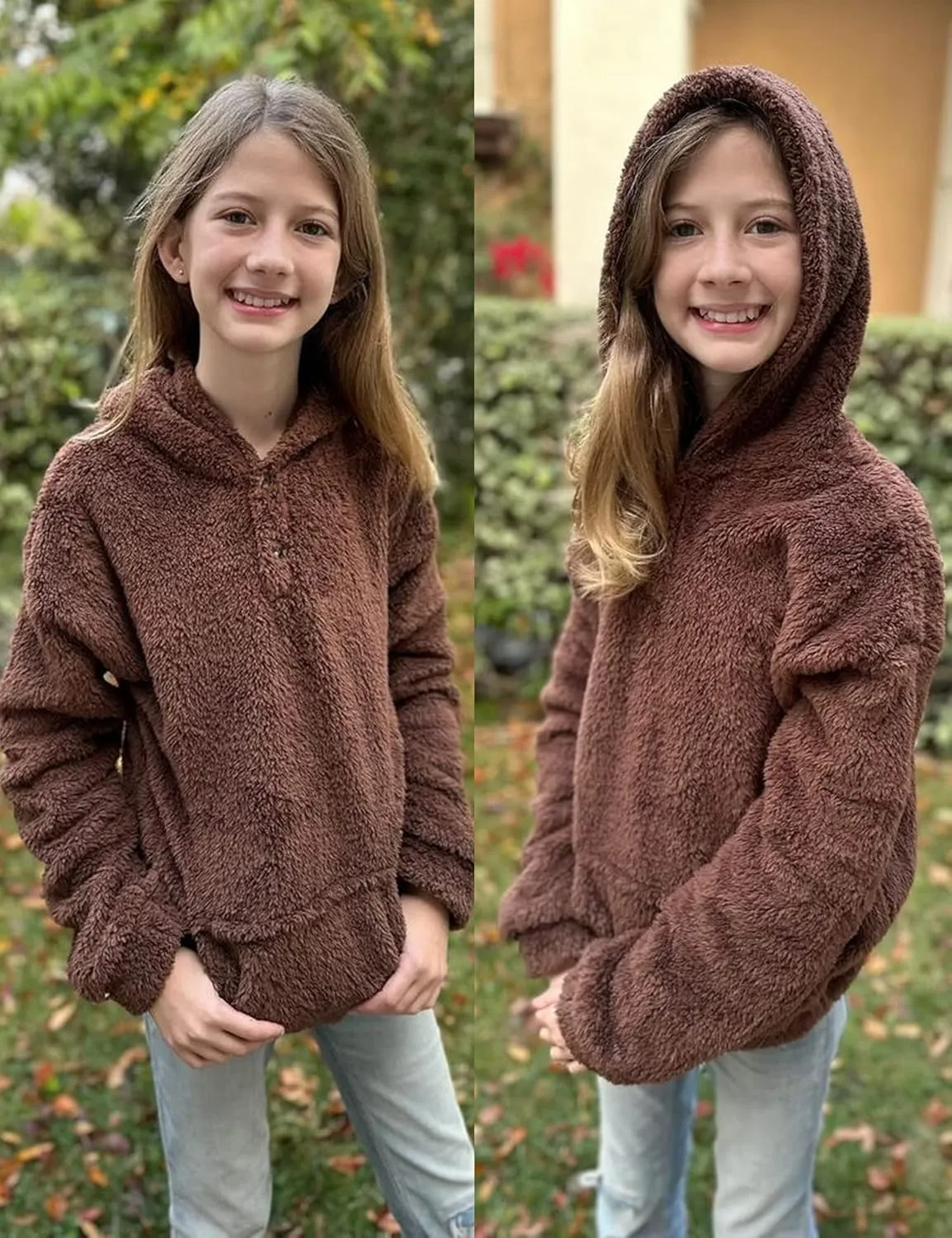 Arshiner Girls Hoodie Sherpa Fleece Pullover Hooded Sweatshirt for Girl Button Up Casual Outerwear Coat With Pockets