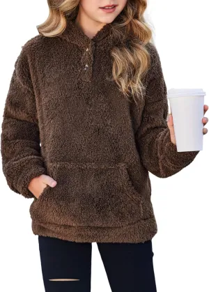 Arshiner Girls Hoodie Sherpa Fleece Pullover Hooded Sweatshirt for Girl Button Up Casual Outerwear Coat With Pockets